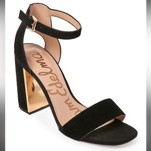 Sam Edelman Synthia Black Suede Open Toe Chunky Heel Sandal Mirrored Heel 8